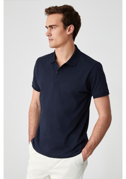 Monaghan Erkek Polo Yaka Relaxed Fit Patlı Düğmeli Kısa Kollu Lacivert T-Shirt
