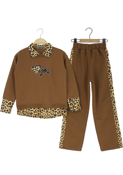 Kız Çocuk Takım Yaka Leopar Desenli Kalp Baskılı Trend Model