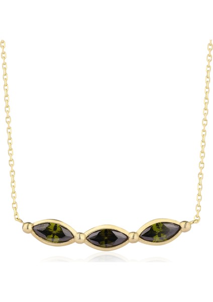 Markiz Kesim Peridot Kolye, Zirkon Peridot Kolye, 18 Ayar Altın Kaplama Kolye, 925 Ayar Gümüş Kolye, Kadın Kolye