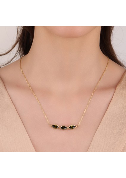 Markiz Kesim Peridot Kolye, Zirkon Peridot Kolye, 18 Ayar Altın Kaplama Kolye, 925 Ayar Gümüş Kolye, Kadın Kolye
