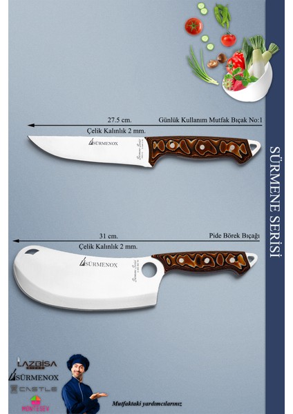Sürmene Serisi Mutfak Bıçak Seti Et Ekmek Sebze Börek Pide Pizza Şef Bıçağı 2'li Set Kahve (MFT-016)
