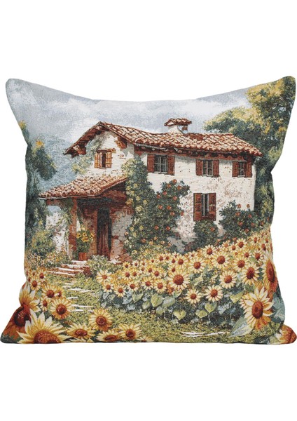 Belıeve Connel Jakarlı Dokuma Goblen Dekoratif Ayçiçeği Manzarlı Kırlent 45*45