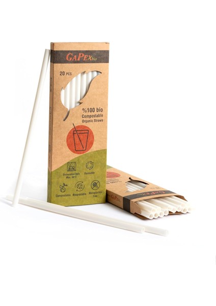 Bio Naturel ( Bitki Bazlı), Tekrar Kullanılabilir, Kompostlanabilir, Biyoçözünür (Doğada Çözünebilir) Pipet (20, Naturel)