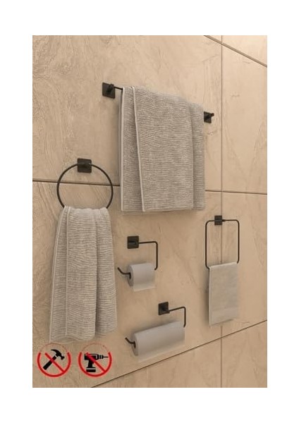 Banyo Yapışkanlı Aksesuar Seti Havluluk T.kağıtlık ve Peçetelik Kare Siyah 5 Li Set