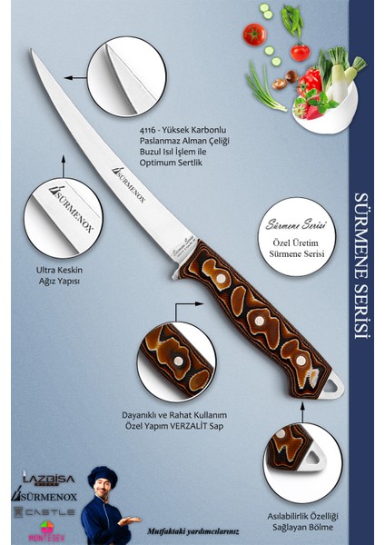 Sürmene Serisi Mutfak Fileto Bıçağı Steak Bıçak Et Balık Tavuk Fileto Bıçağı Kahverengi ( MFT-008 ) modelleri