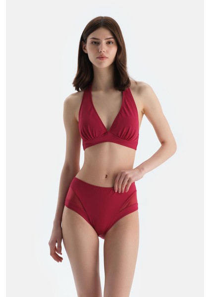 Bordo Tül Detaylı Yüksek Bel Bikini Alt