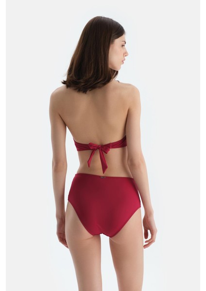 Bordo Tül Detaylı Yüksek Bel Bikini Alt