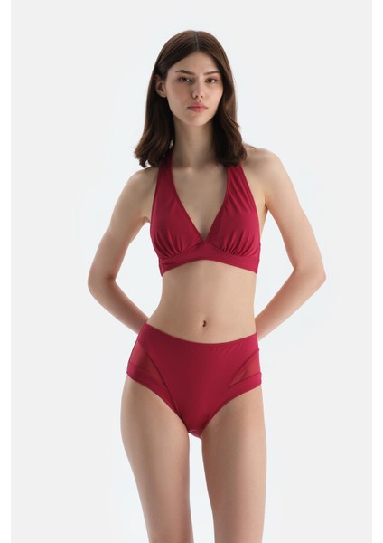 Bordo Tül Detaylı Yüksek Bel Bikini Alt