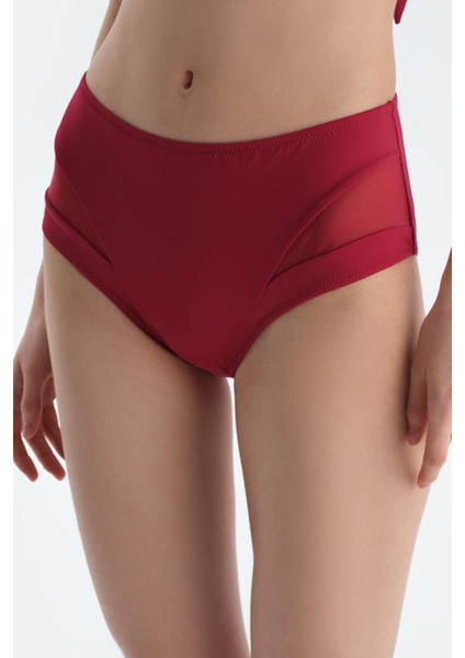 Bordo Tül Detaylı Yüksek Bel Bikini Alt