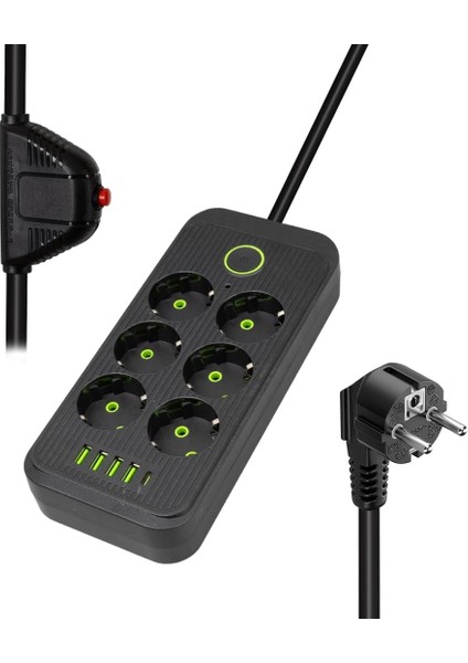 6'lı Akım Korumalı Priz, Anahtarlı, Topraklı, Çocuk Korumalı, 1.5 Metre Kablo, 4 x Usb, 1 x Type-C Pd Girişli, Altılı Priz Çoklayıcı Grup Priz, Maks 16A Kapasite, 3000W Güç, (Siyah)