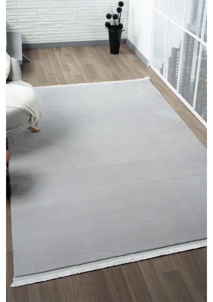Post Açık Gri Düz Saçaklı Peluş Halı Kaymaz Taban Yıkanabilir Oturma Odası Salon Halısı Koridor