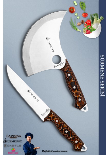 Sürmene Serisi Mutfak Bıçak Seti Et Ekmek Sebze Börek Pizza Şef Bıçağı 2'li Set Kahverengi (MFT-014)