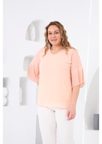 Kolları Piliseli Büyük Beden Bebe Pudra Bluz fiyatları