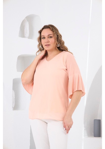 Kolları Piliseli Büyük Beden Bebe Pudra Bluz modelleri