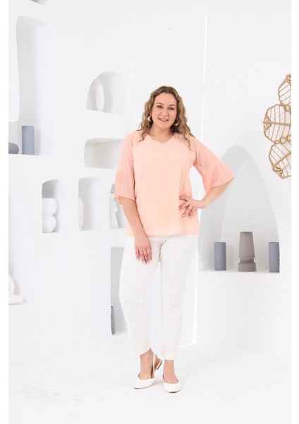 Kolları Piliseli Büyük Beden Bebe Pudra Bluz indirimleri