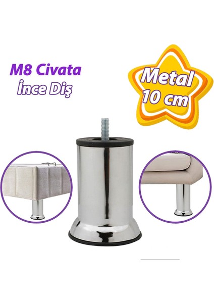 Metal Destek Ayağı 10 cm Krom Mobilya Kanepe Baza Koltuk Ünite Ayakları Metrik 8 Civatalı Ince Diş