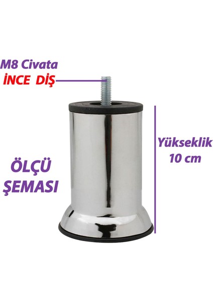 Metal Destek Ayağı 10 cm Krom Mobilya Kanepe Baza Koltuk Ünite Ayakları Metrik 8 Civatalı Ince Diş