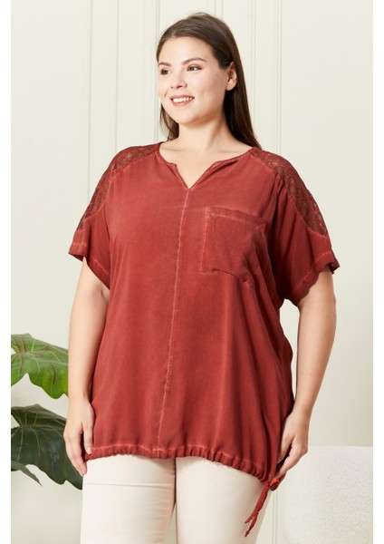 Eteği Bağlamalı Omuz Detaylı Büyük Beden Kiremit Bluz