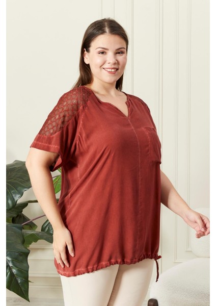 Eteği Bağlamalı Omuz Detaylı Büyük Beden Kiremit Bluz fiyatları
