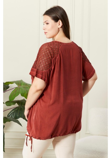 Eteği Bağlamalı Omuz Detaylı Büyük Beden Kiremit Bluz fırsatları
