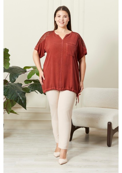 Eteği Bağlamalı Omuz Detaylı Büyük Beden Kiremit Bluz indirimleri