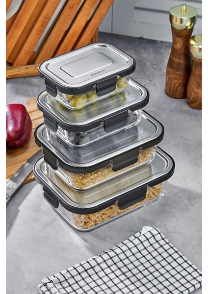 4'lü Cam Saklama Kabı Seti – Paslanmaz Çelik Kapaklı, Sızdırmaz, Hava Geçirmez, Bulaşık Makinesi ve Mikrodalga Uyumlu