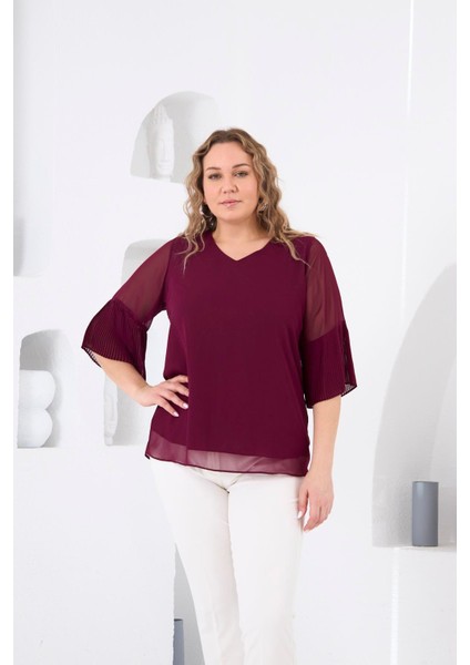 Kolları Piliseli Büyük Beden Violet Bluz