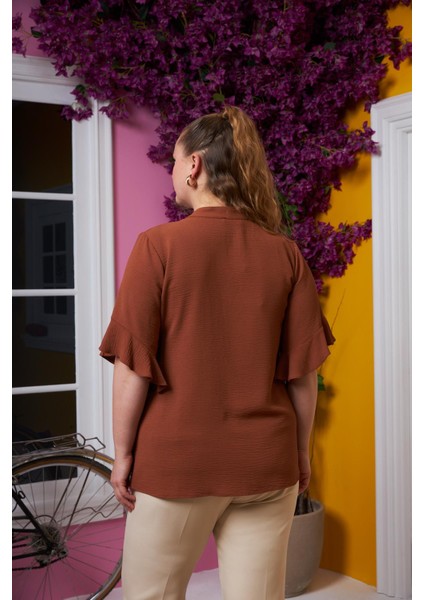 Yaka Bağcık Detaylı Büyük Beden Bluz Kahve fırsatları