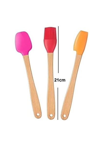 Indigo 3'lü Renkli Bambu Saplı Silikon Uçlu Spatula Fırçalı Kaşık Seti VS-310MS