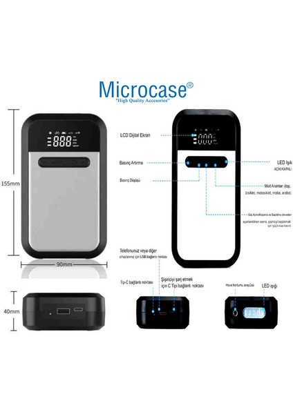 HL-008 Wireless Özellikli Şarjlı Taşınabilir Basınç Göstergeli Kompresör Powerbankli Reflektör Işıklı - AL4903