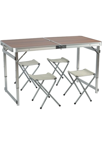 Tabureli Deluxe Katlanabilir Piknik Masası Seti - Ahşap Desen