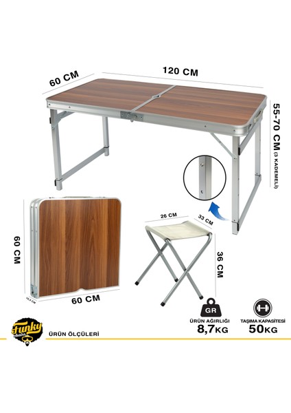 Tabureli Deluxe Katlanabilir Piknik Masası Seti - Ahşap Desen