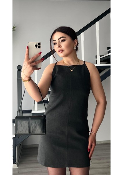 Antrasit Kare Yaka Askılı Mini Elbise