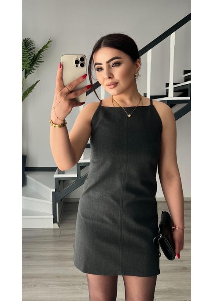Antrasit Kare Yaka Askılı Mini Elbise
