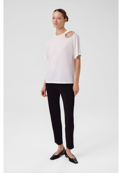 Ekru Omzu Taş Işlemeli Kadın Tişört