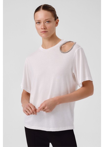Ekru Omzu Taş Işlemeli Kadın Tişört fiyatları