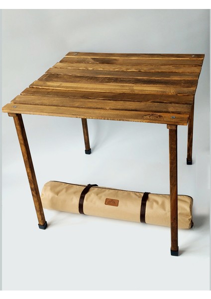67X67X50 cm Ahşap Katlanır Rulo Kamp, Piknik, Balkon, Bahçe Masası Ceviz Rengi - Çam