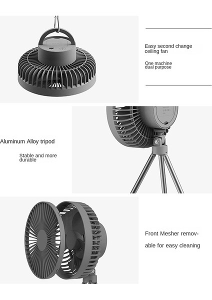 Taşınabilir Kamp Fanı Şarj Edilebilir Çok Mini USB Dış Mekan Tavan Işık Tripod Standı Masaüstü Gri (Yurt Dışından)