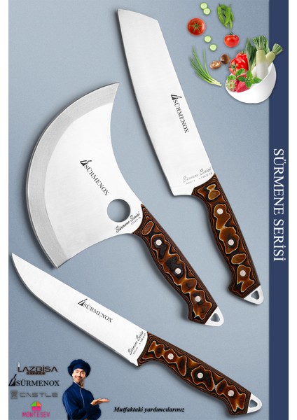 Sürmene Serisi Mutfak Şef Bıçak Seti Et Ekmek Salata Börek Pizza Şef Bıçağı 3'lü Set Kahve (MFT-023)