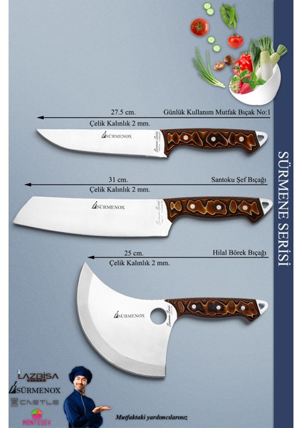 Sürmene Serisi Mutfak Şef Bıçak Seti Et Ekmek Salata Börek Pizza Şef Bıçağı 3'lü Set Kahve (MFT-023) fiyatları