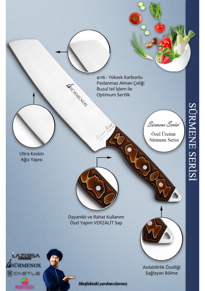 Sürmene Serisi Mutfak Şef Bıçak Seti Et Ekmek Salata Börek Pizza Şef Bıçağı 3'lü Set Kahve (MFT-023) modelleri