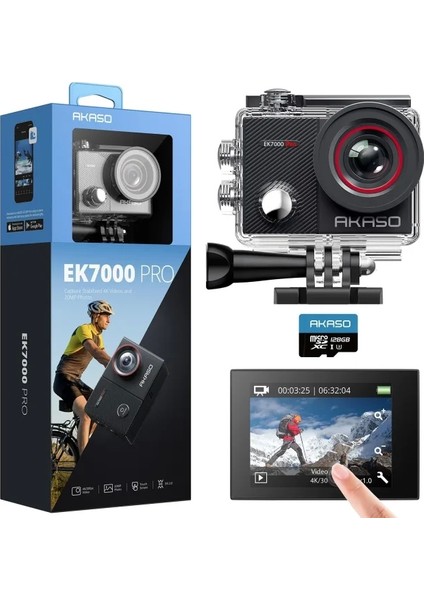 EK7000 Pro 4K Su Geçirmez Dokunmatik Ekranlı Aksiyon Kamerası With 128GB Microsd Card