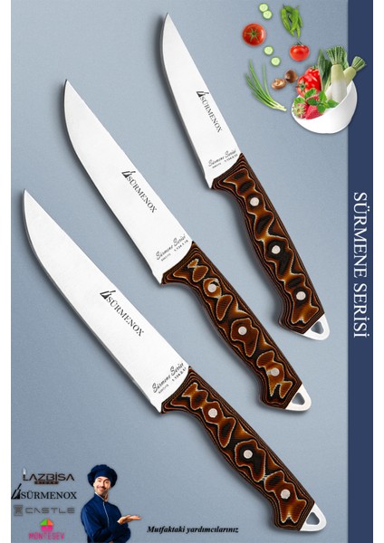 Sürmene Serisi Mutfak Bıçak Seti Et Ekmek Tavuk Sebze Salata Bıçağı 3'lü Set Kahverengi (MFT-020)