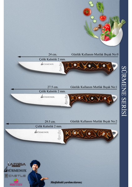 Sürmene Serisi Mutfak Bıçak Seti Et Ekmek Tavuk Sebze Salata Bıçağı 3'lü Set Kahverengi (MFT-020) fiyatları