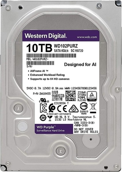 Purple 10TB 7200RPM 256MB Sata3 6gbit/sn WD102PURZ 7/24 HDD