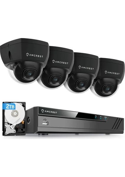 4K 8ch Güvenlik Kamera Sistemi 8ch + 4 Domes W/ 2tb HDD (Black)