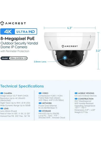 Ultrahd 4K (8mp) Dış Mekan Güvenlik Poe Ip Kamera - Siyah Beyaz indirimleri