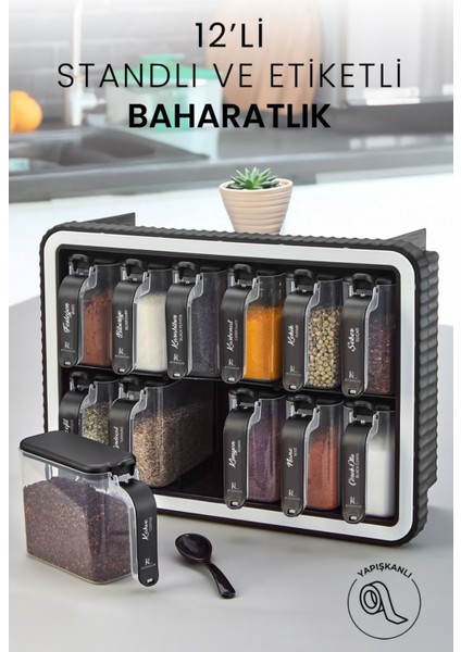 12'li Standlı Kendinden Yapışkanlı Kaşıklı Baharatlık Takımı - Etiketli Kapaklı Baharatlık Standı