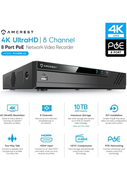 4K Güvenlik Kamera Sistemi 4K 8mp Black - 8ch Nvr + 4 Bullets (2.8 mm) W/ 2tb HDD