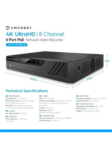 4K Güvenlik Kamera Sistemi 4K 8mp Black - 8ch Nvr + 4 Bullets (2.8 mm) W/ 2tb HDD